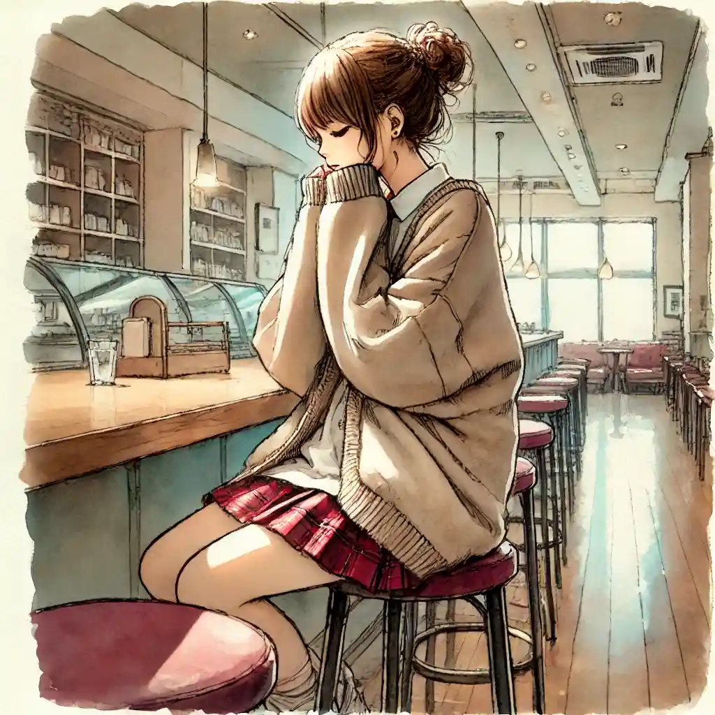 カフェで悩んでいる中学生女子