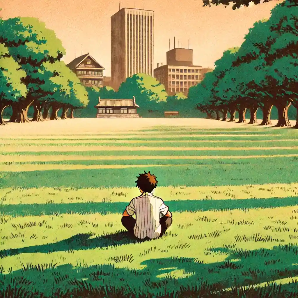 公園の芝生で膝を抱いて座っている男子