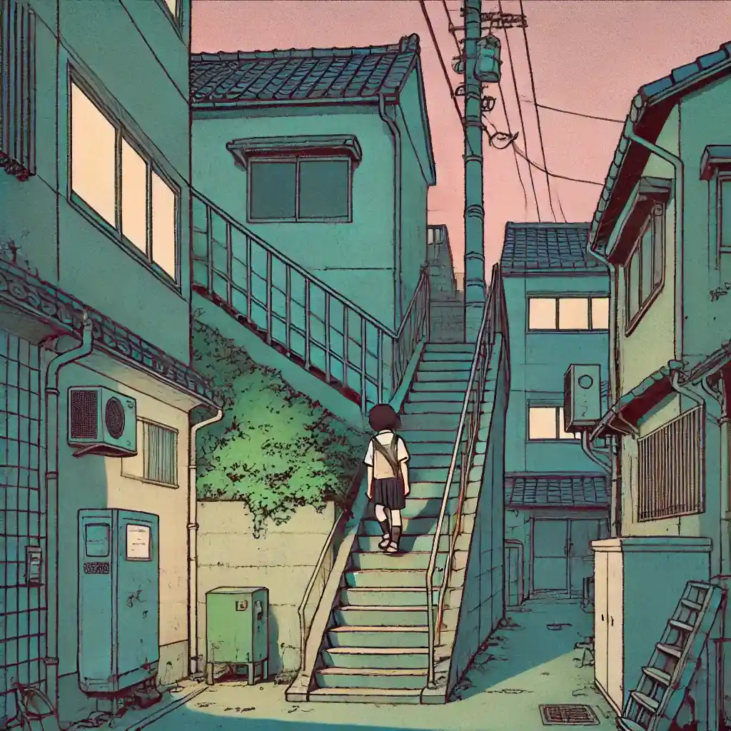 裏道の階段を登る中学生男子