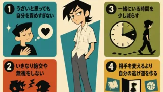 友達がうざいと感じた時の対処法を示す正方形のインフォグラフィック。長髪で白い半袖シャツ、灰色の長ズボン、黒いスニーカーを履いた中学生男子が中央に立ち、周囲に「自分を責めすぎない」「いきなり絶交や無視をしない」「一緒にいる時間を少し減らす」「自分の逃げ道を作る」の4つの助言が、時計やドアなどのアイコン付きで配置されている。1960年代アメリカアニメ風の、平面的でレトロなデザイン。