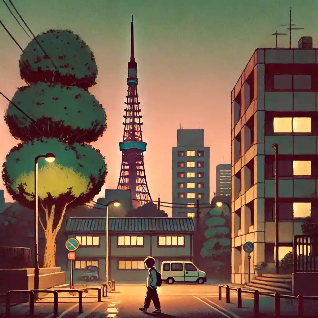 タワーの麓を歩く中学生男子