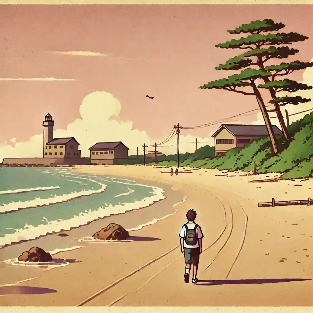 浜辺を歩く中学生男子