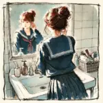 登校前　身だしなみチェック中の中学生女子