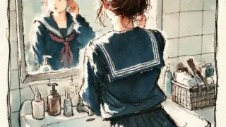 登校前　身だしなみチェック中の中学生女子