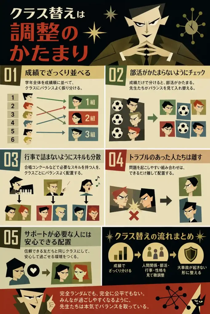 クラス替えの仕組みを解説するインフォグラフィック。成績順の振り分け、部活の分散、行事スキル配置、トラブル回避、サポート配慮などを図解し、最終的にバランス調整で決まる流れを示している。