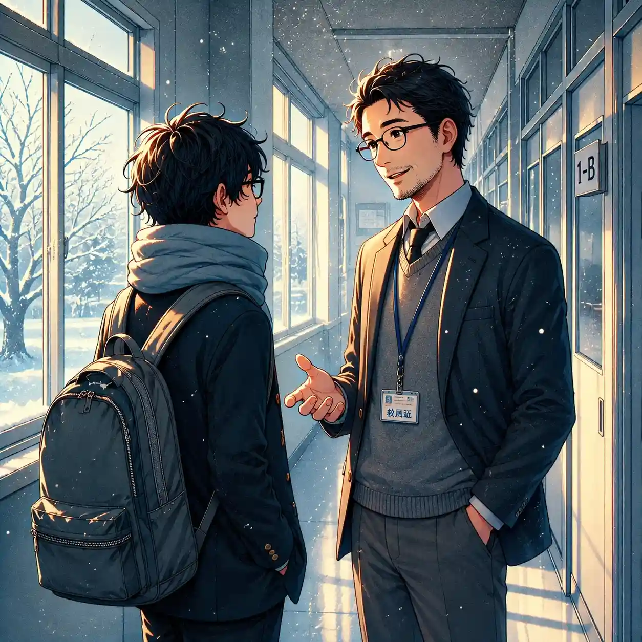 先生と話している男子