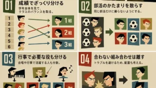 クラス替えで先生が成績、部活、行事、人間関係を見ながらクラスのバランスを調整する流れをまとめたレトロ調の図解。