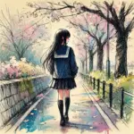 桜並木を歩いている中学生女子