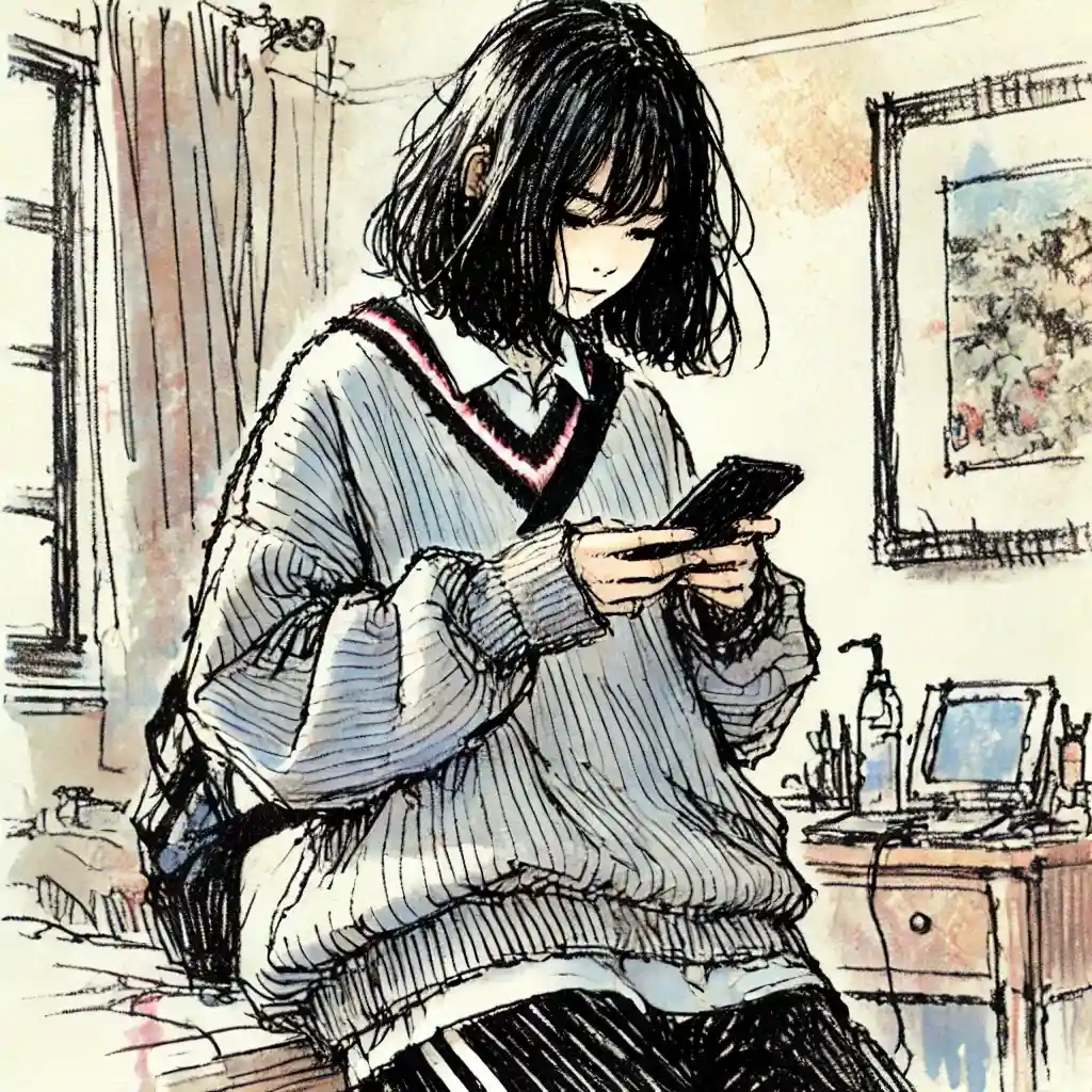 スマホをいじっている中学生女子