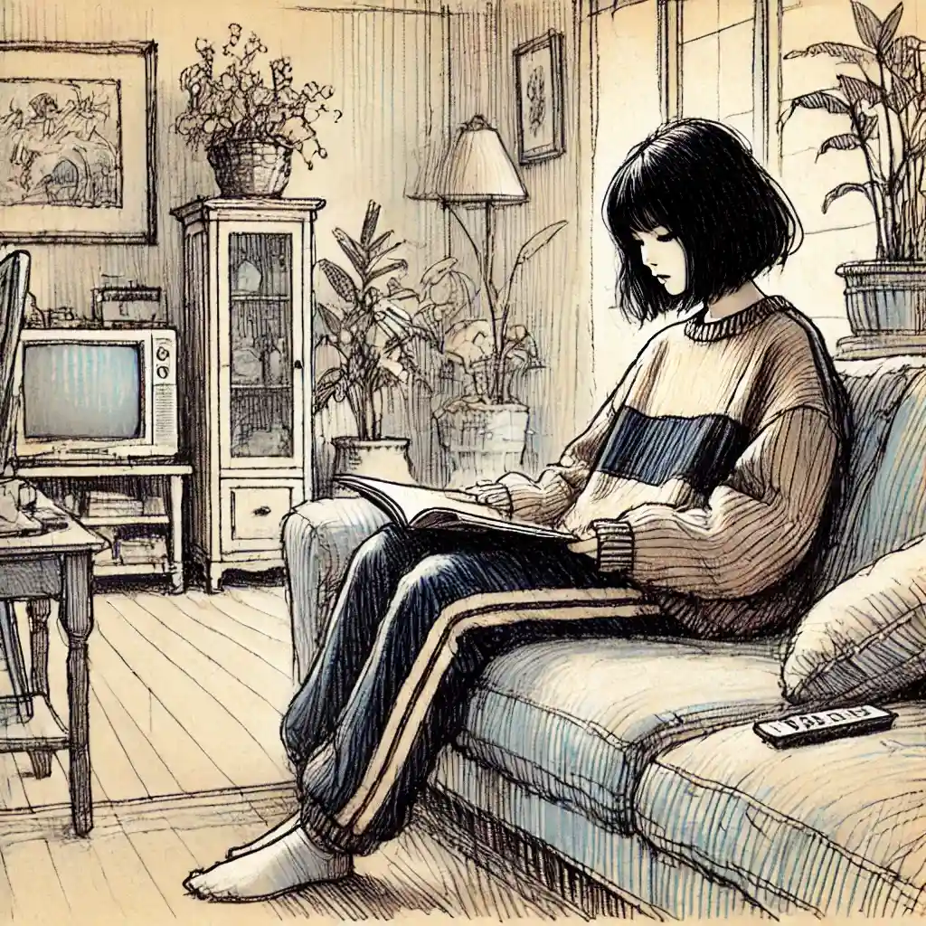 リビングで雑誌を読む中学生女子