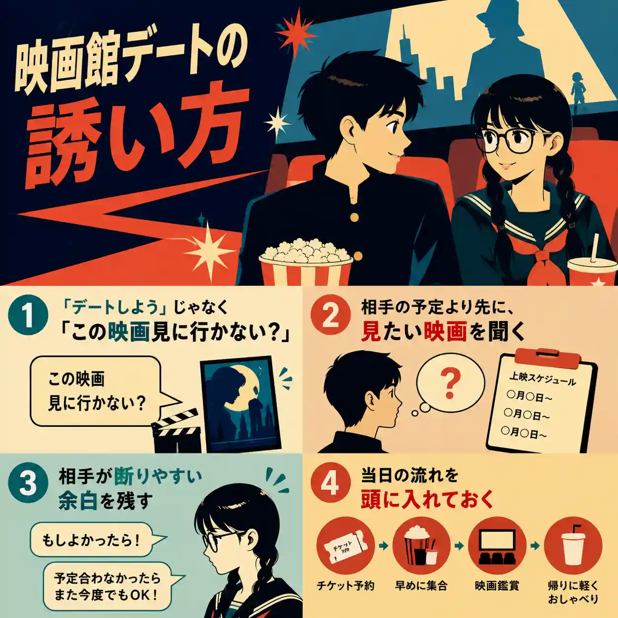 映画デートで失敗しにくい映画の選び方を説明する、中学生男女のインフォグラフィック