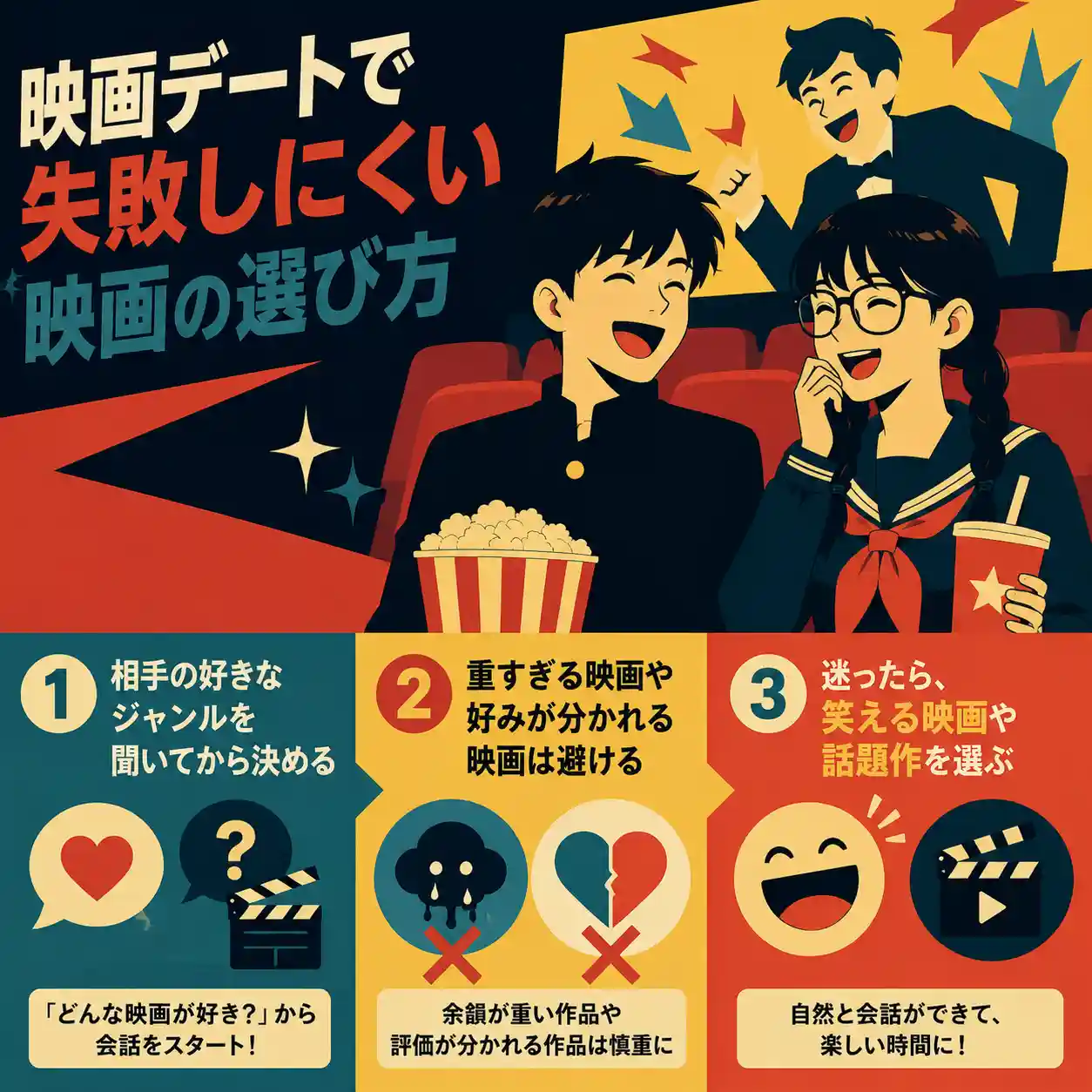 映画デートで失敗しにくい映画の選び方を説明する、中学生男女のインフォグラフィック