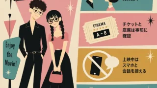 映画デートで気をつけることを、若い男女と4つの注意点で示した60年代アメリカアニメ風の正方形インフォグラフィック。