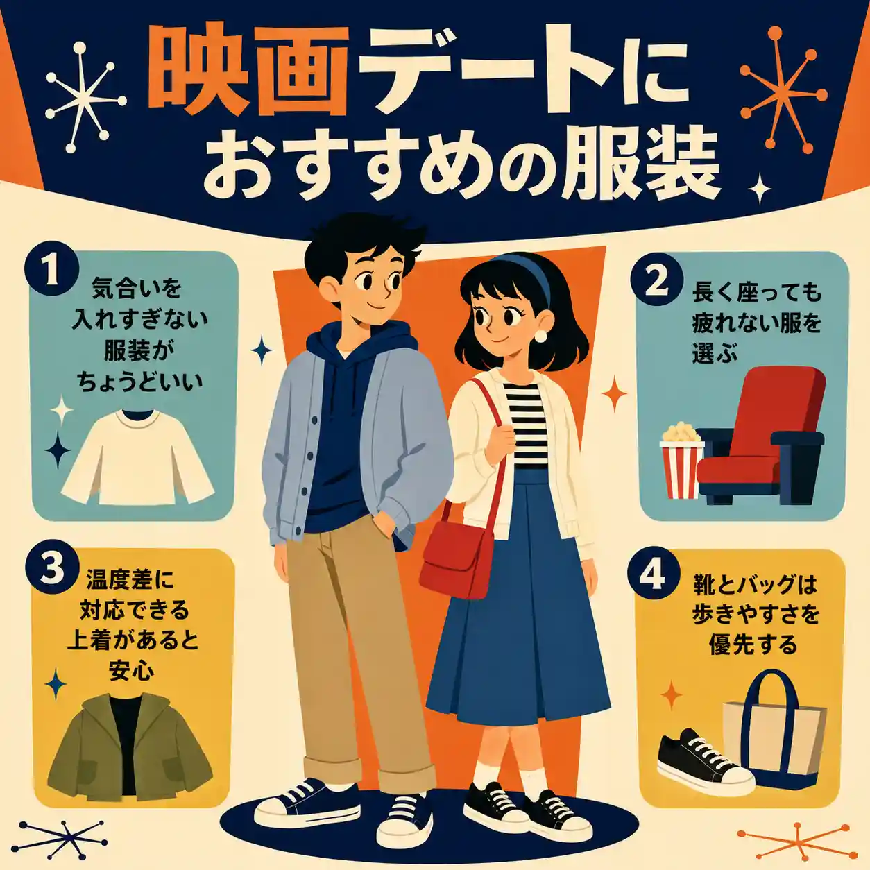 映画デートにおすすめの服装を紹介する正方形のインフォグラフィック。中央にカジュアルな服装の中学生男子と女子が並び、周囲に気合いを入れすぎない、長く座っても疲れない、温度差に対応できる上着、歩きやすい靴とバッグの4つのポイントが配置されている。