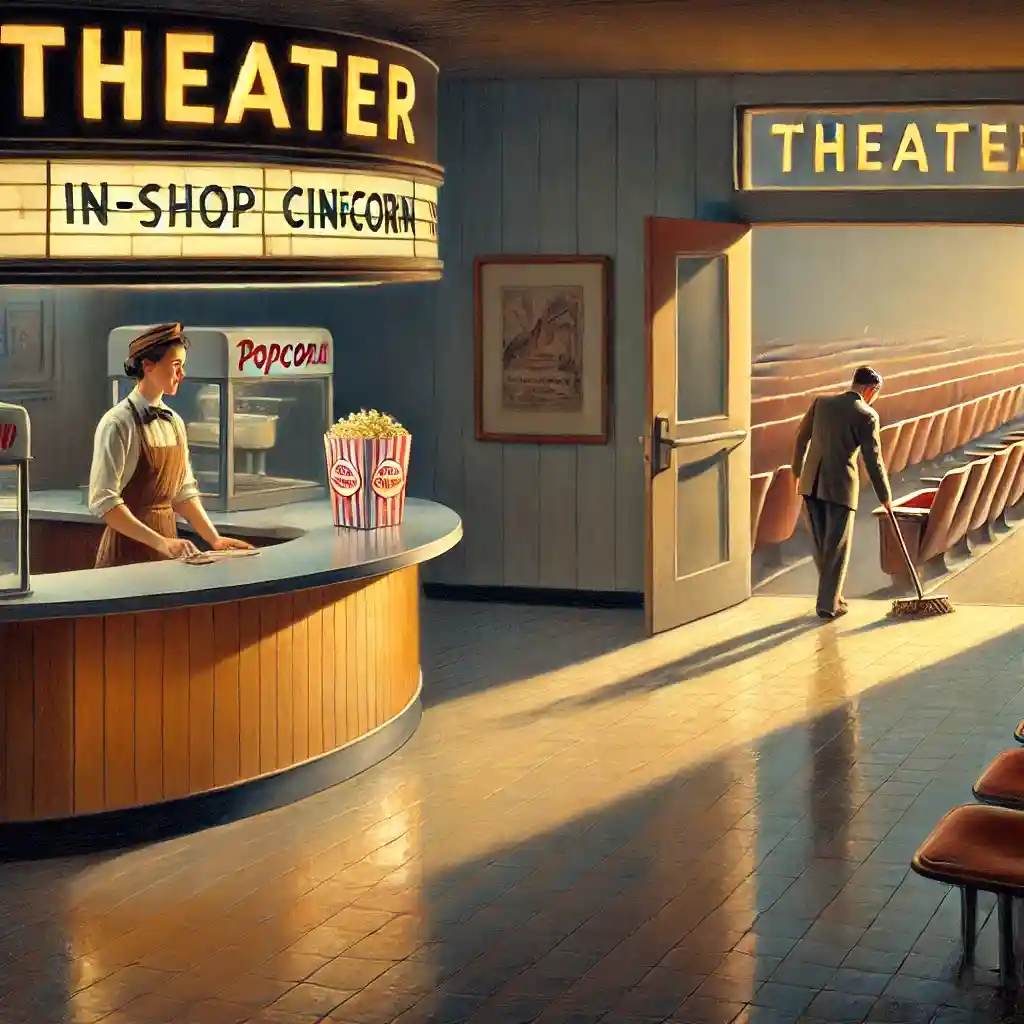 シアターを掃除する係員