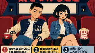 映画館デートで気をつけることを座席の男女と三つの注意点で示したインフォグラフィック