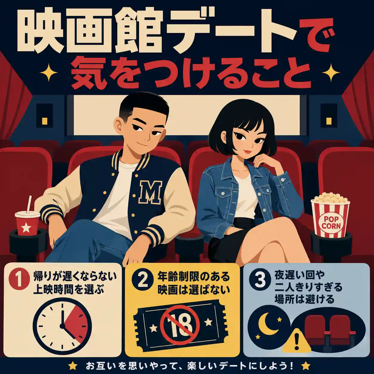 映画館デートで気をつけることを座席の男女と三つの注意点で示したインフォグラフィック