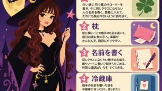 魔女姿の女子と満月を背景に、クローバー・枕・名前を書く・冷蔵庫・磁石の即効系おまじない5選を紹介するインフォグラフィック