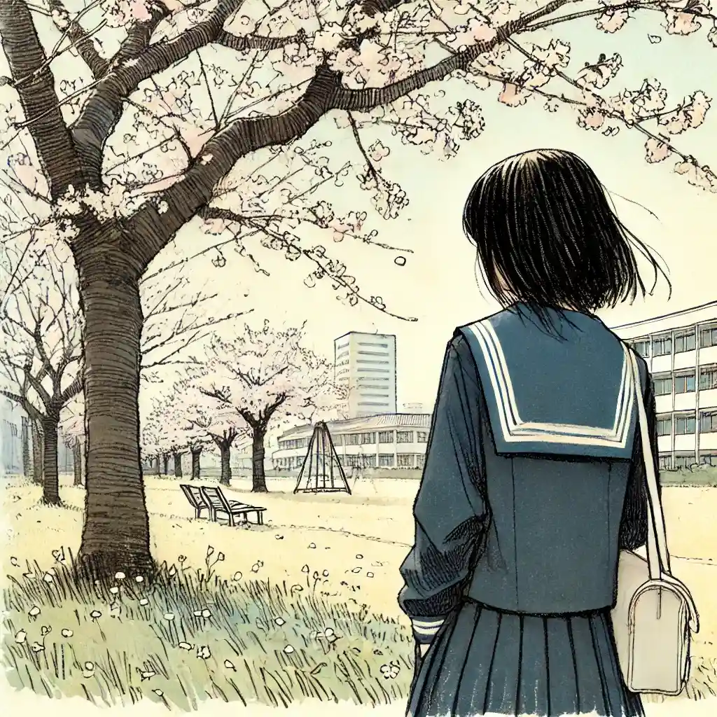 桜の下を登校する中学生女子