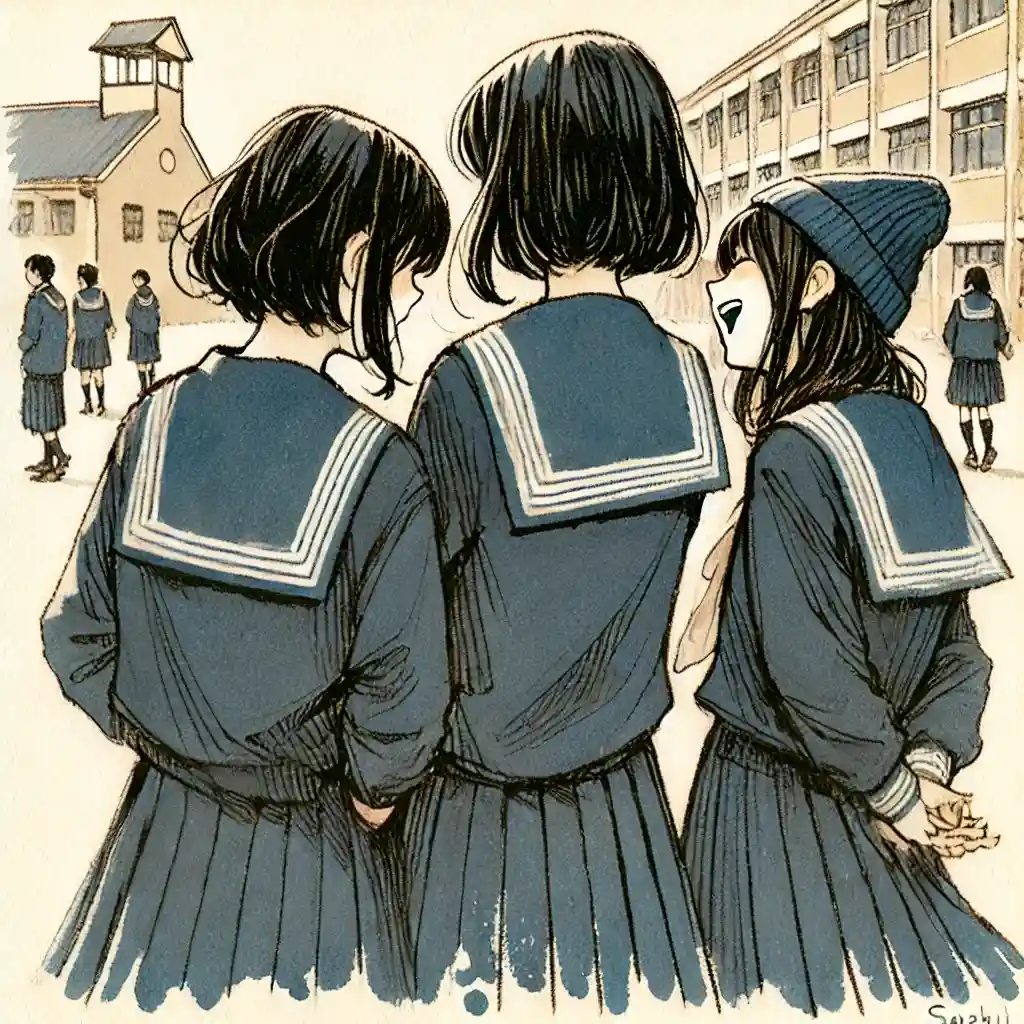 校庭で友達とふざけている中学生女子