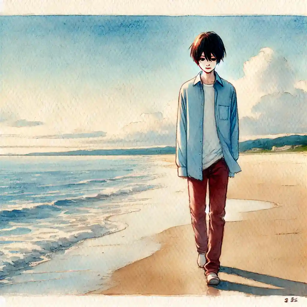 一人で浜辺を歩く中学生男子