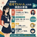 生徒会選挙の演説で信頼されるために、最初の10秒、1分スピーチの流れ、公約の数、最後の約束を解説するインフォグラフィック。