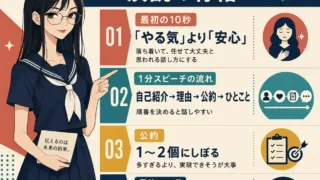生徒会選挙の演説で信頼されるために、最初の10秒、1分スピーチの流れ、公約の数、最後の約束を解説するインフォグラフィック。