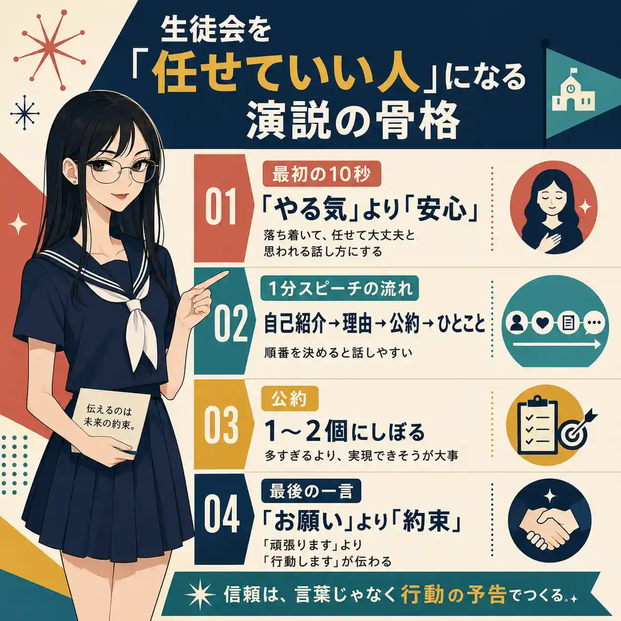 生徒会選挙の演説で信頼されるために、最初の10秒、1分スピーチの流れ、公約の数、最後の約束を解説するインフォグラフィック。
