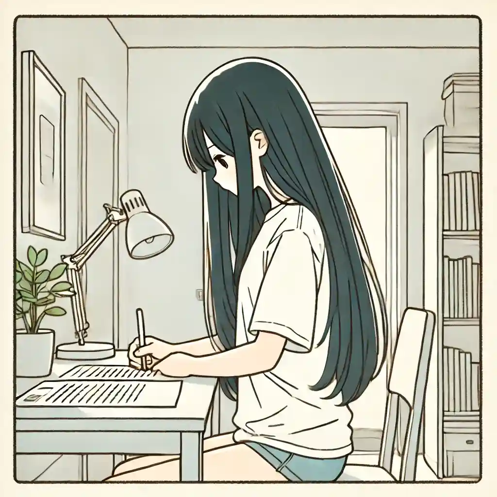 原稿を書く中学生女子