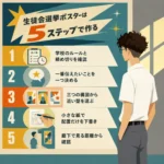 生徒会選挙ポスターの作り方5ステップを、廊下で確認する男子生徒とともに示したインフォグラフィック