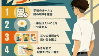 生徒会選挙ポスターの作り方5ステップを、廊下で確認する男子生徒とともに示したインフォグラフィック