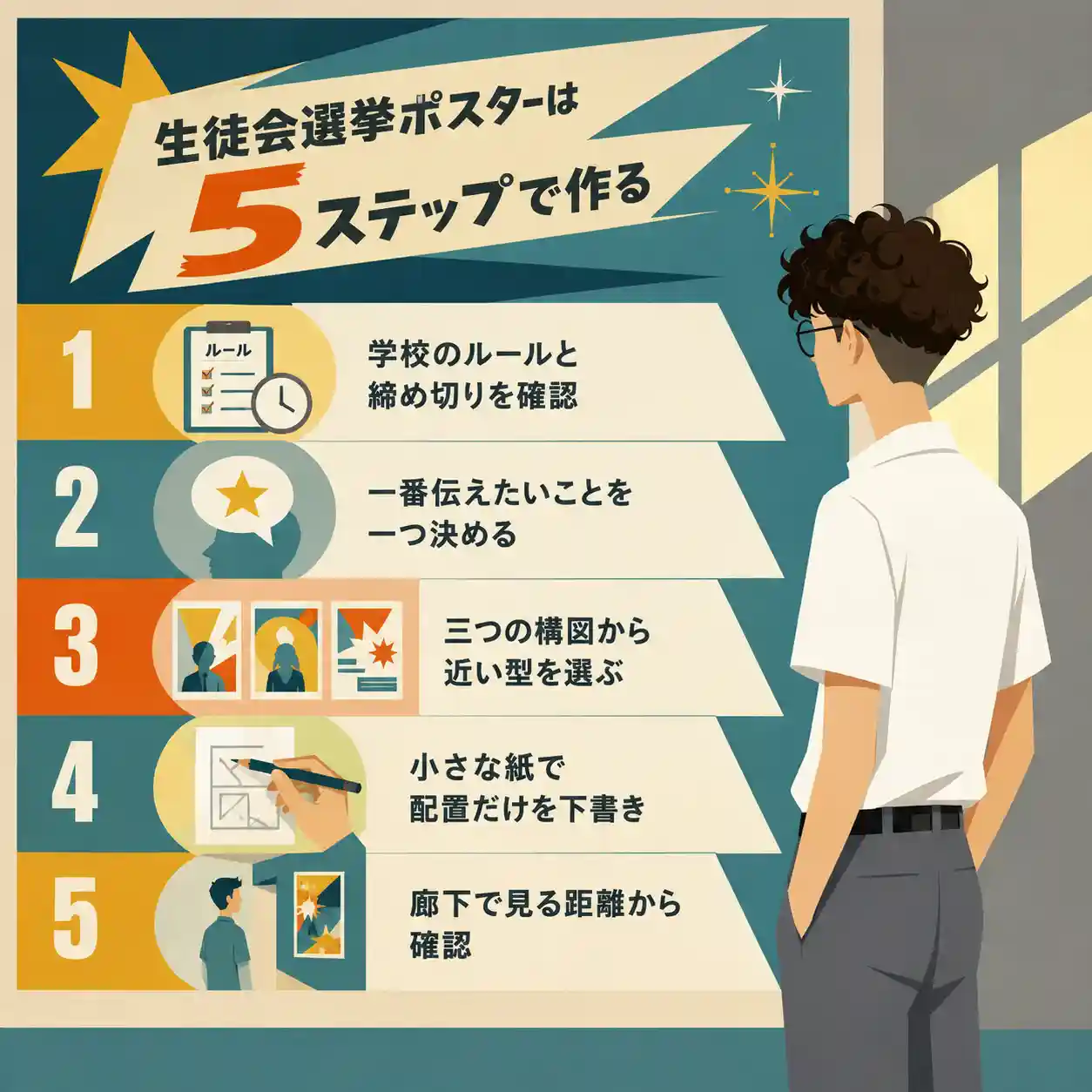 生徒会選挙ポスターの作り方5ステップを、廊下で確認する男子生徒とともに示したインフォグラフィック