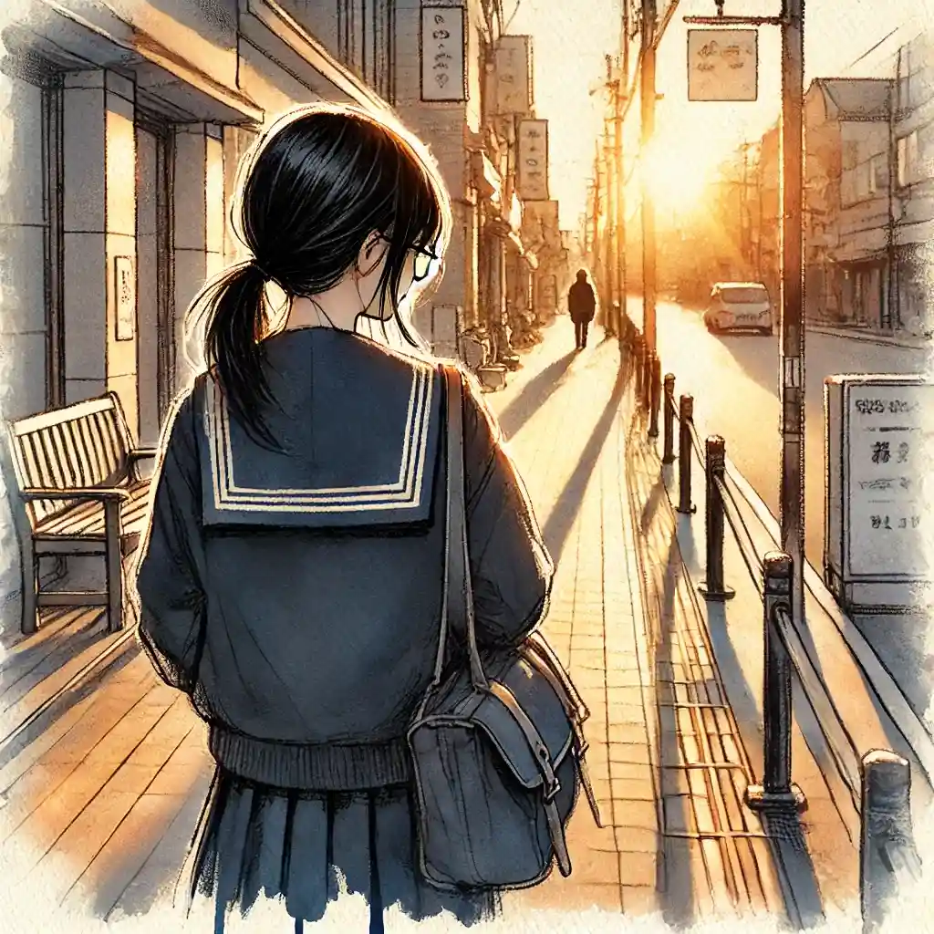 商店街を一人で帰る 中学生女子