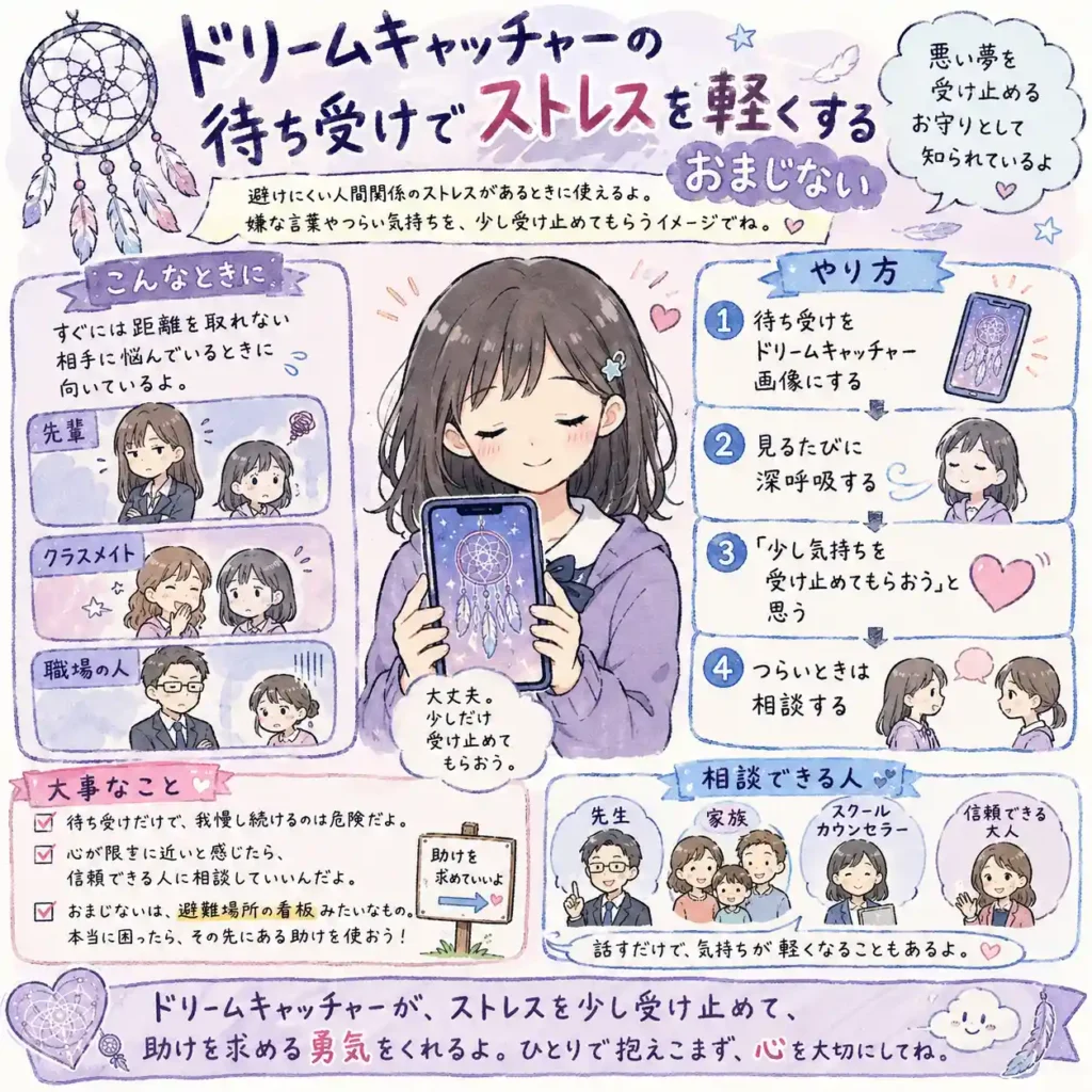 ドリームキャッチャーの画像をスマホの待ち受けにして、避けにくい人間関係のストレスを少し受け止めるおまじないを紹介する中学生向けイラスト。つらい気持ちをひとりで抱え込まず、必要なときは先生や家族、スクールカウンセラーに相談する流れを、まんが風にまとめている。
