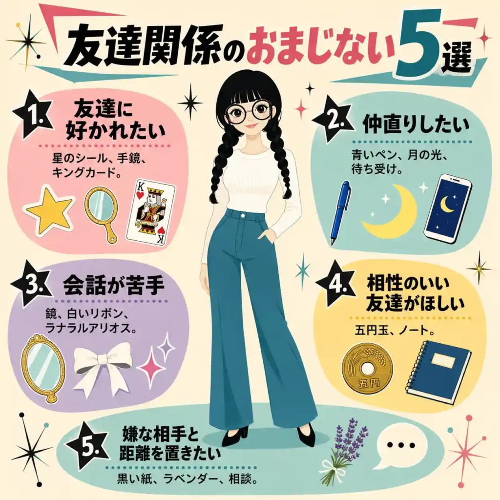 友達関係のおまじない5選をまとめたレトロ調インフォグラフィック。中央に三つ編みと丸メガネの女性を配置し、星のシール、手鏡、キングカード、青いペン、月の光、待ち受け、鏡、白いリボン、五円玉、ノート、ラベンダー、相談などを、目的別に整理して紹介している。