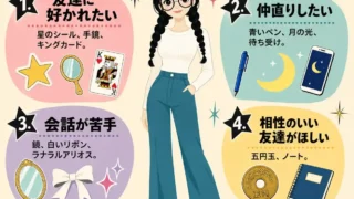 友達関係のおまじない5選をまとめたレトロ調インフォグラフィック。中央に三つ編みと丸メガネの女性を配置し、星のシール、手鏡、キングカード、青いペン、月の光、待ち受け、鏡、白いリボン、五円玉、ノート、ラベンダー、相談などを、目的別に整理して紹介している。