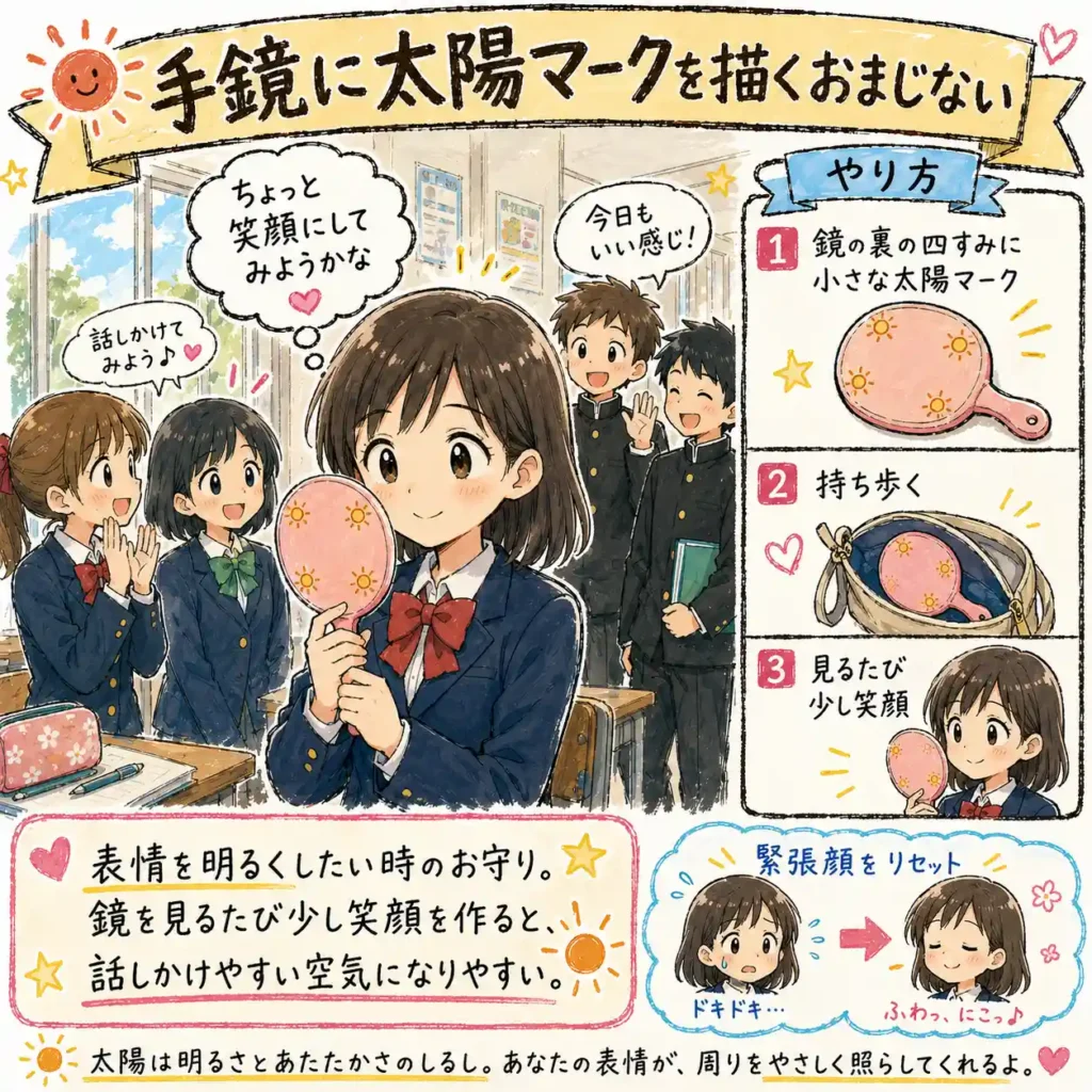 手鏡の裏に小さな太陽マークを描き、見るたびに笑顔を作るおまじないを紹介する中学生向けイラスト。表情を明るくし、話しかけやすい雰囲気を作る方法をまんが風にまとめている。