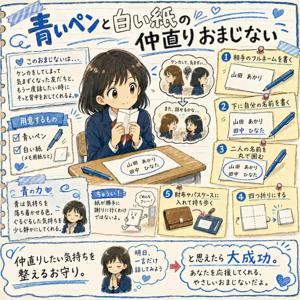 青いペンと白い紙を使い、ケンカした友達と仲直りしたい気持ちを整えるおまじないを紹介する中学生向けイラスト。相手と自分の名前を書いて丸で囲み、四つ折りにして持ち歩く手順をまんが風にまとめている。
