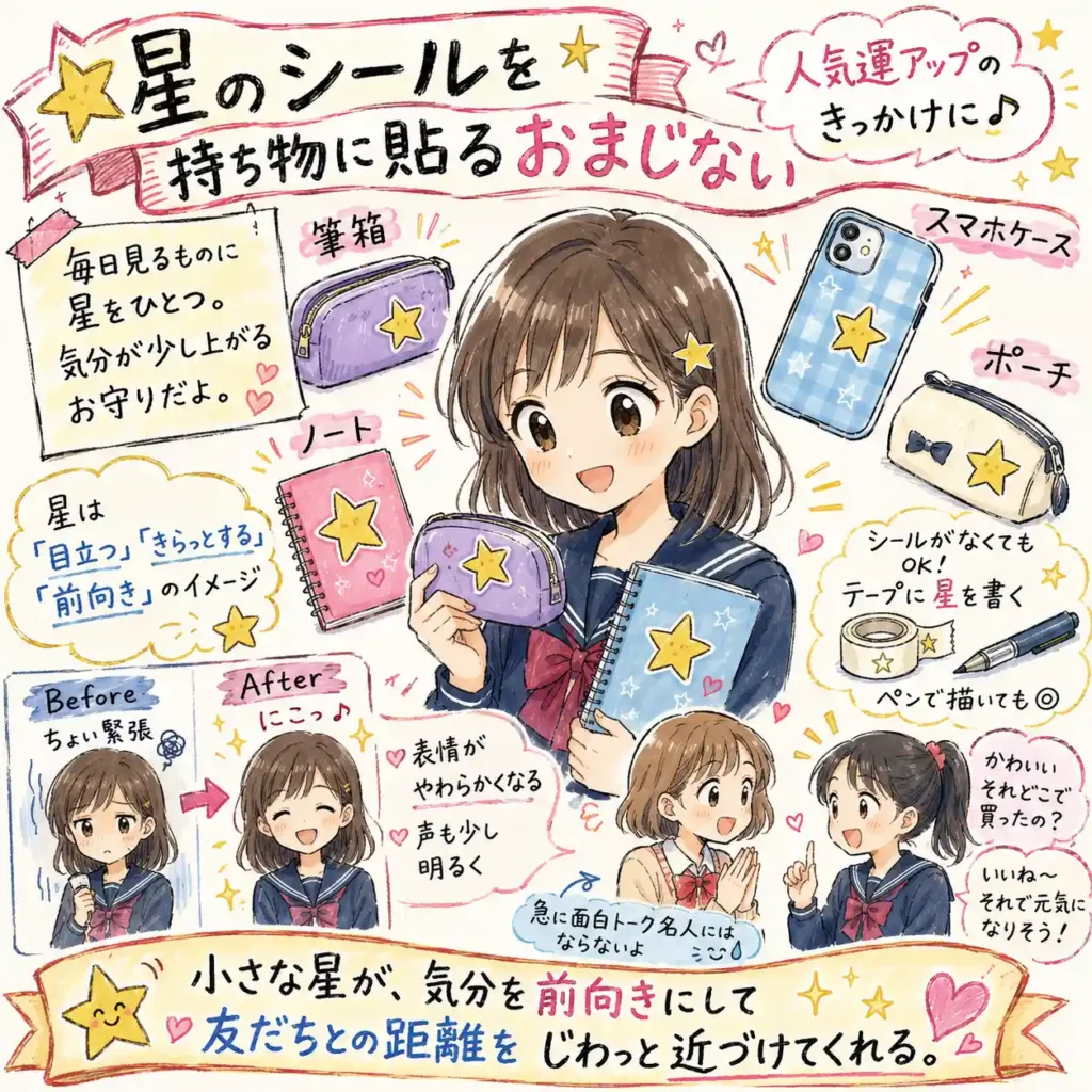 星のシールを筆箱やノート、スマホケース、ポーチに貼るおまじないを紹介する中学生向けイラスト。星を見るたびに気分が少し前向きになり、表情や声が明るくなって、友達との距離が自然に近づくイメージをまんが風にまとめている。