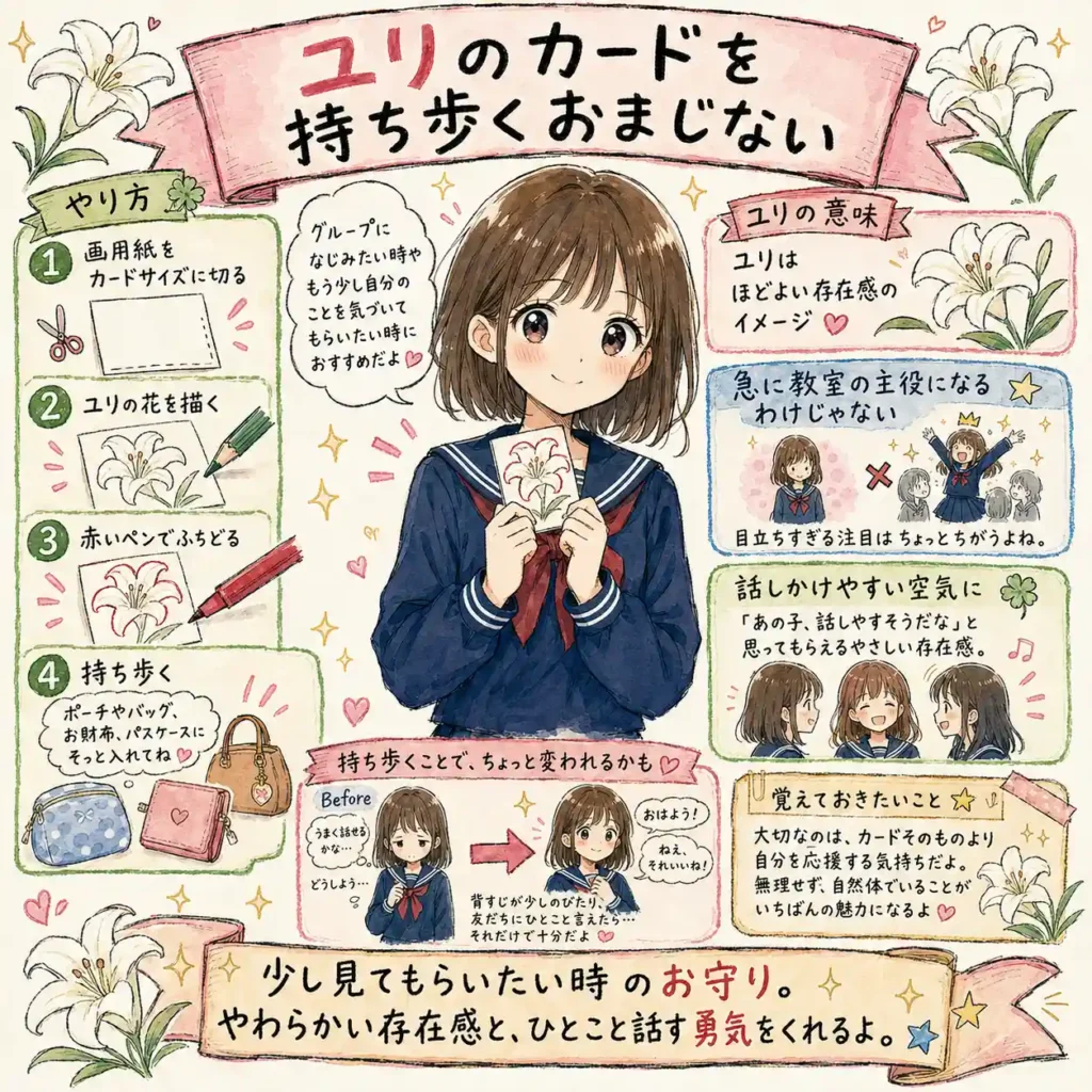 ユリの花を描いて赤いペンでふちどったカードを持ち歩き、人の輪に自然に入りたい気持ちを後押しするおまじないを紹介する中学生向けイラスト。ほどよい存在感と、友達にひとこと話しかける勇気をくれるイメージを、まんが風にまとめている。