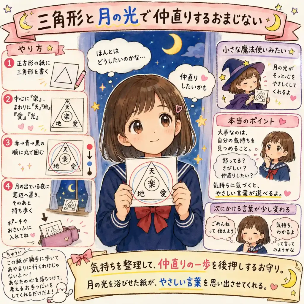 三角形と月の光を使って仲直りの気持ちを整えるおまじないを紹介する中学生向けイラスト。紙に文字と図形を書いて月光に当て、持ち歩く手順と、自分の本音に気づいてやさしい言葉を選ぶ大切さを、まんが風にまとめている。