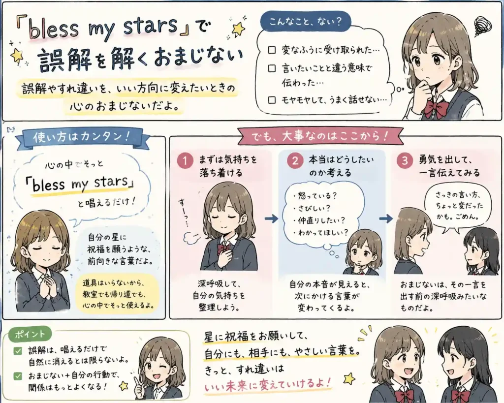 「bless my stars」と心の中で唱え、友達との誤解やすれ違いを落ち着いて解きたい気持ちを整えるおまじないを紹介する中学生向けイラスト。深呼吸して本音を見つめ、必要な一言を伝える流れをまんが風にまとめている。