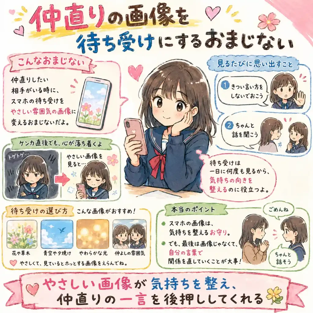 仲直りしたい相手がいるとき、スマホの待ち受けをやさしい雰囲気の画像に変えて気持ちを整えるおまじないを紹介する中学生向けイラスト。見るたびに言い方をやわらげ、相手の話を聞く意識を思い出す流れを、まんが風にまとめている。