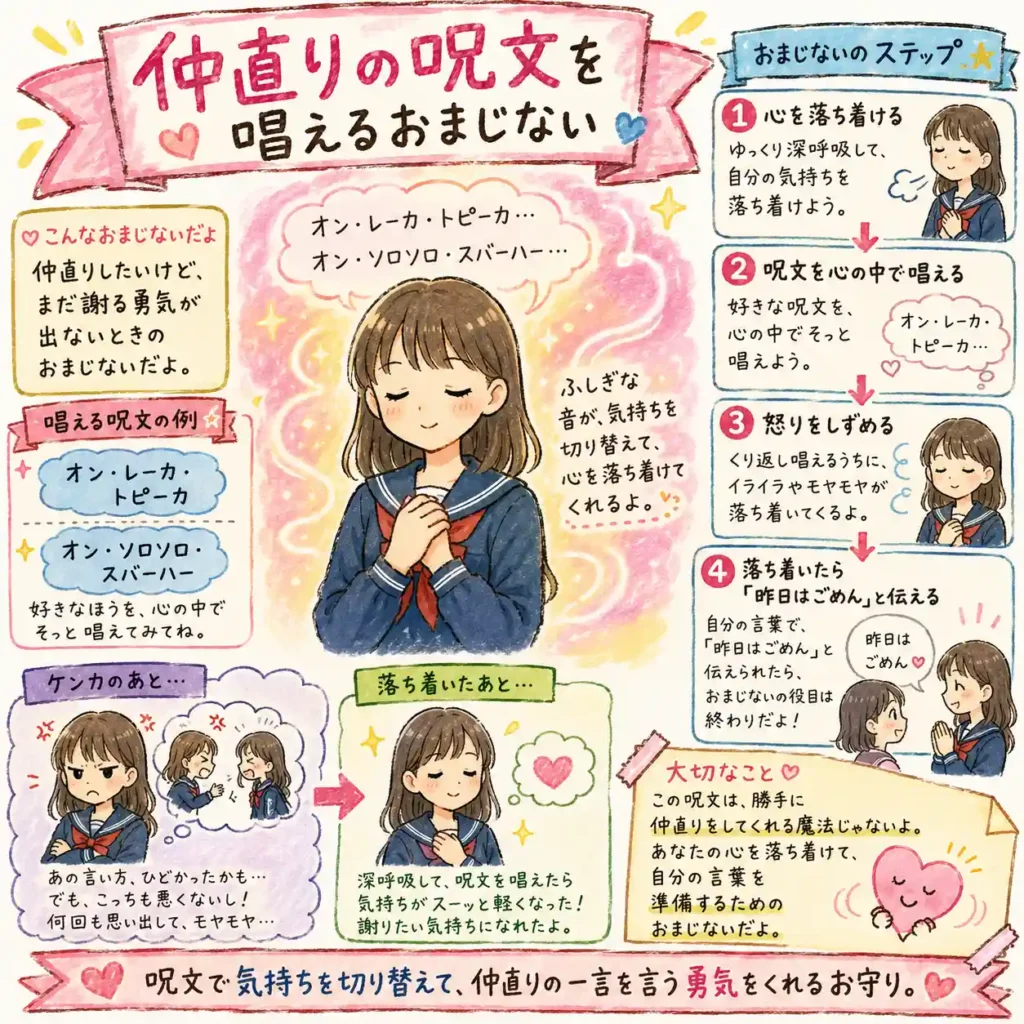 仲直りの呪文を心の中で唱え、ケンカ後の怒りやモヤモヤを落ち着かせるおまじないを紹介する中学生向けイラスト。気持ちを切り替えて、「昨日はごめん」と自分の言葉で伝える勇気を出す流れを、まんが風にまとめている。