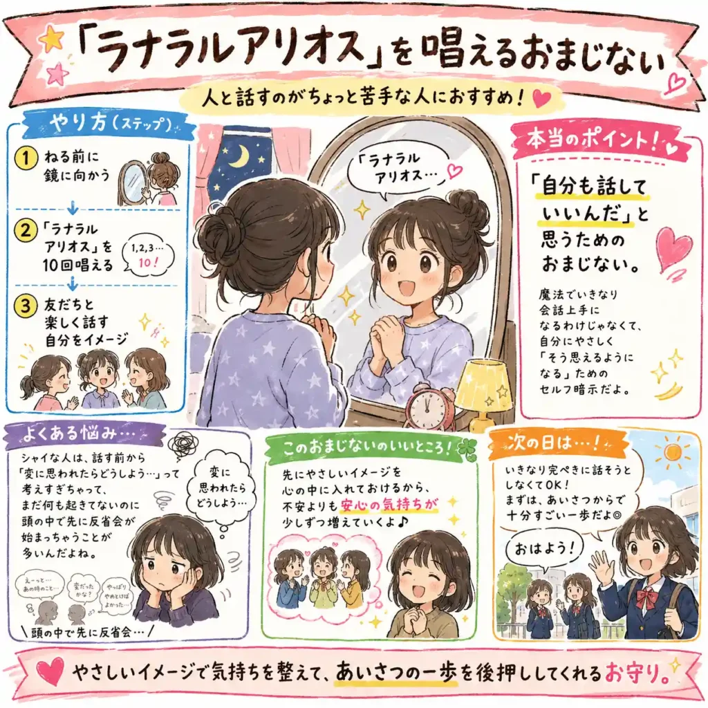 「ラナラルアリオス」と寝る前に鏡へ向かって唱え、人と話す不安をやわらげるおまじないを紹介する中学生向けイラスト。友達と楽しく話す自分をイメージし、次の日にあいさつする一歩へつなげる流れを、まんが風にまとめている。