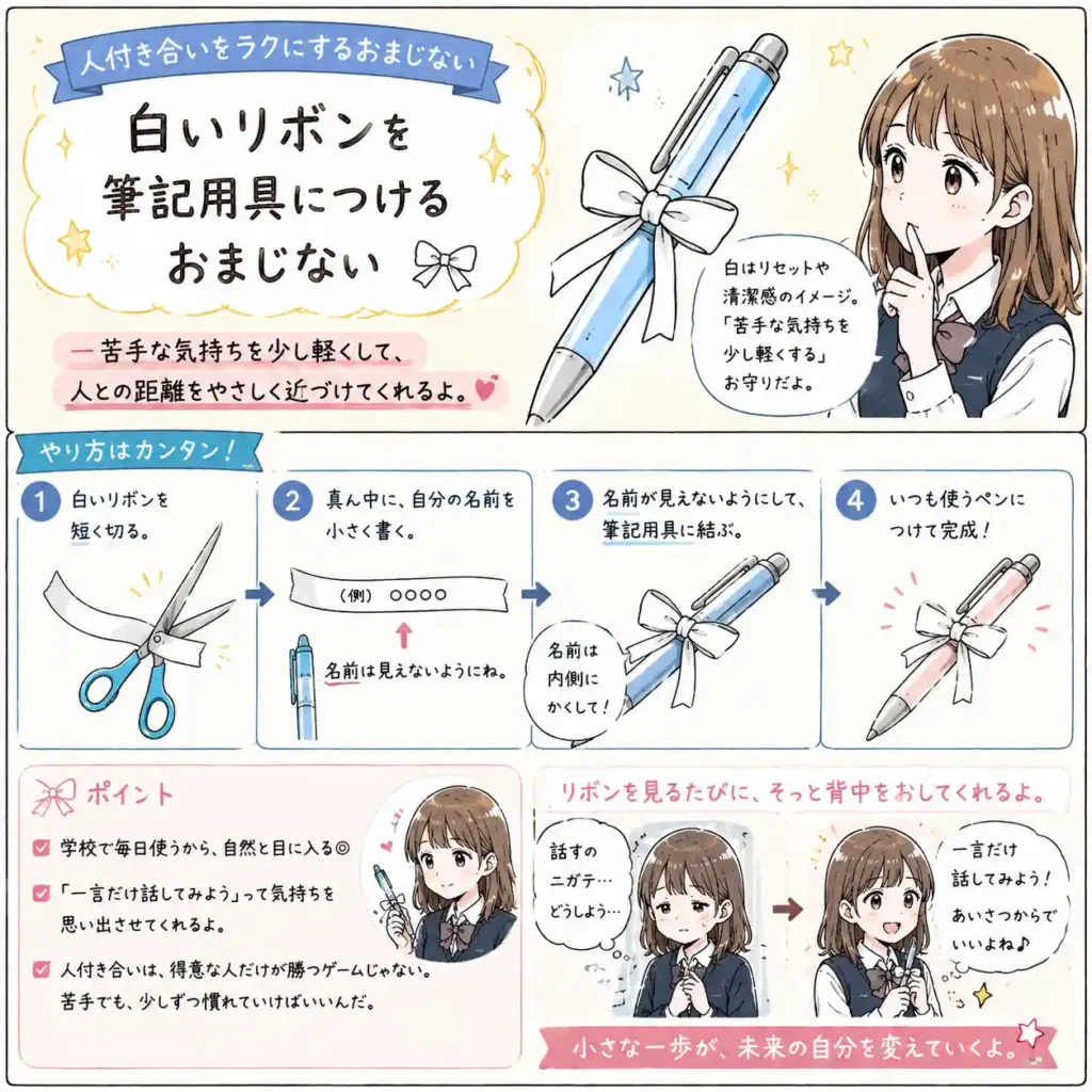 白いリボンに自分の名前を書き、名前が見えないように筆記用具へ結ぶおまじないを紹介する中学生向けイラスト。人付き合いが苦手な気持ちを少し軽くし、「一言だけ話してみよう」と思える流れを、まんが風にまとめている。