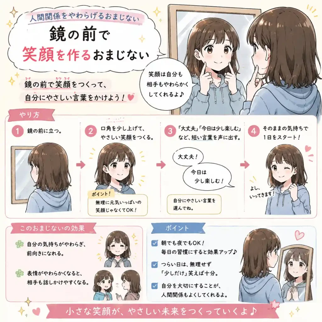 鏡の前で少し笑顔を作り、「大丈夫」「今日は少し楽しむ」など自分にやさしい言葉をかけるおまじないを紹介する中学生向けイラスト。表情をやわらかくして、自分の気持ちと人間関係を少し前向きに整える流れを、まんが風にまとめている。