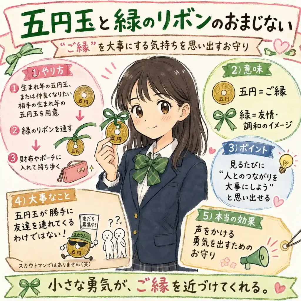 五円玉に緑のリボンを通して持ち歩き、人とのご縁や友情を大切にする気持ちを思い出すおまじないを紹介する中学生向けイラスト。見るたびに声をかける勇気がわき、友達とのつながりを少し前向きに育てる流れを、まんが風にまとめている。