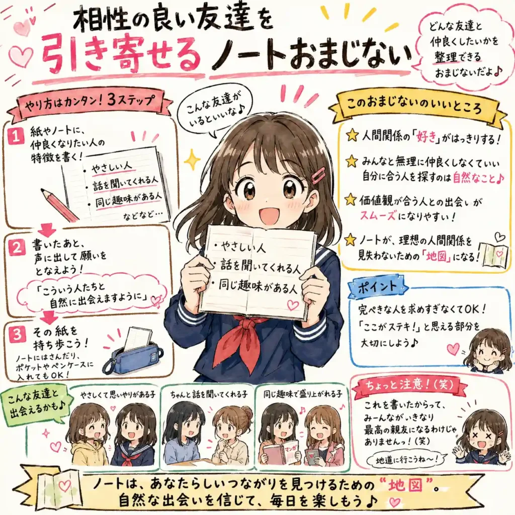相性の良い友達の特徴をノートに書き出し、自分に合う人との出会いをイメージするおまじないを紹介する中学生向けイラスト。やさしい人や話を聞いてくれる人など理想の友達像を整理し、自然な人間関係を見つける流れを、まんが風にまとめている。