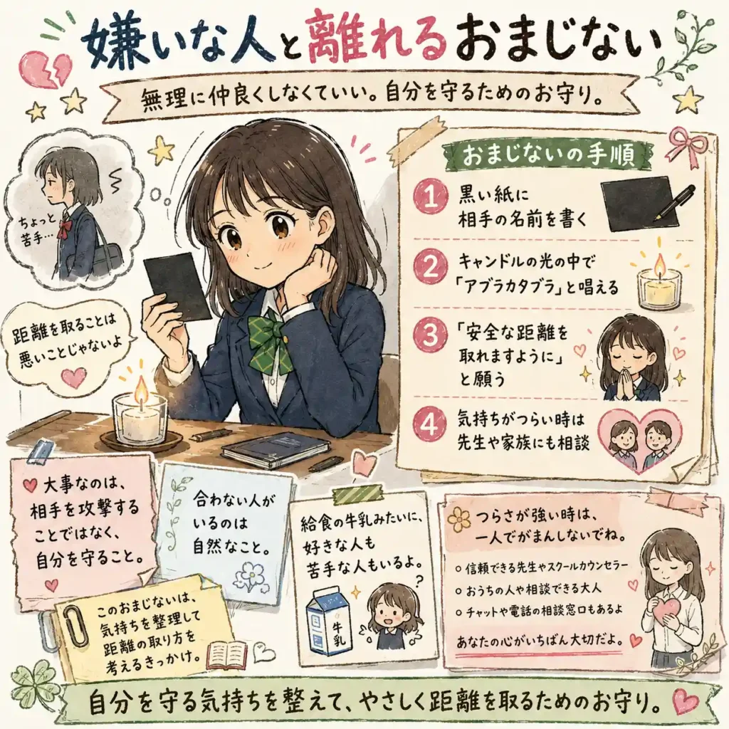 嫌いな人と無理に仲良くせず、安全な距離を取るためのおまじないを紹介する中学生向けイラスト。黒い紙に相手の名前を書いて気持ちを整理し、自分を守ることや、つらいときは先生や家族に相談する大切さを、まんが風にまとめている。